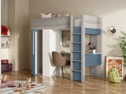 Vente-unique Cama alta 90x200 cm con armario y escritorio en azul y blanco + colchón - NICOLAS