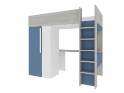 Vente-unique Cama alta 90x200 cm con armario y escritorio en azul y blanco + colchón - NICOLAS