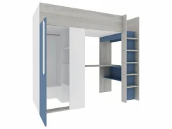 Vente-unique Cama alta 90x200 cm con armario y escritorio en azul y blanco + colchón - NICOLAS