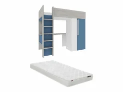 Vente-unique Cama alta 90x200 cm con armario y escritorio en azul y blanco + colchón - NICOLAS
