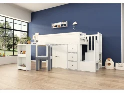 Clearance Merax Cama alta 90x200 cm con escritorio deslizante, armario y 3 cajones - MDF - (sin colchón) Blanco