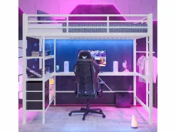 ModernLuxe Cama alta 140x200cm con LED y enchufes - escritorio con 3 cajones y balda -