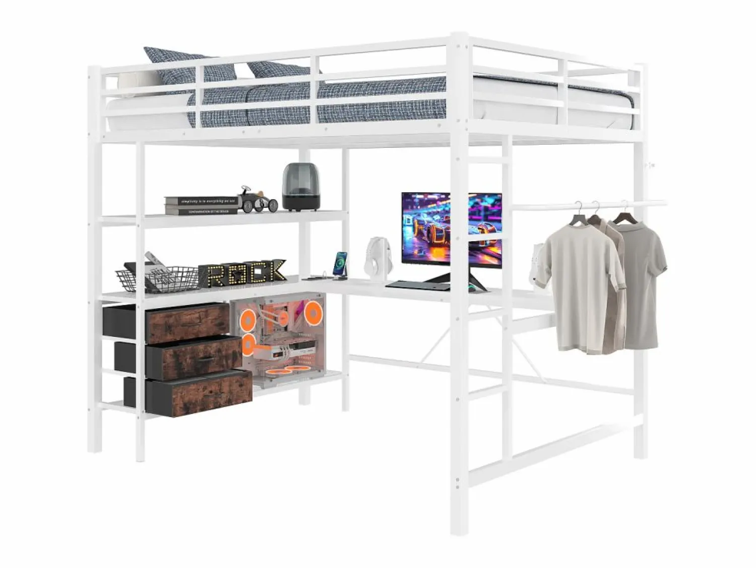 ModernLuxe Cama alta 140x200cm con LED y enchufes - escritorio con 3 cajones y balda -