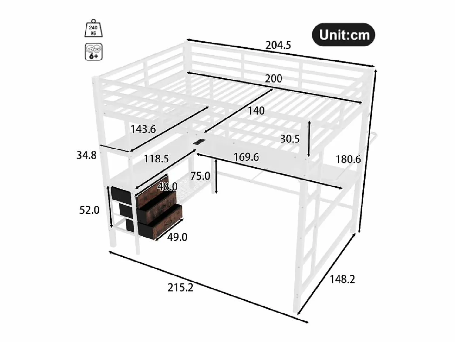 ModernLuxe Cama alta 140x200cm con LED y enchufes - escritorio con 3 cajones y balda -