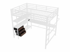 ModernLuxe Cama alta 140x200cm con LED y enchufes - escritorio con 3 cajones y balda -