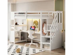 ModernLuxe Cama altillo 90×200 cm - con armario y escritorio - escalera con almacenamiento - con tomas de corriente y LED -