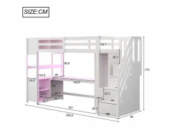 ModernLuxe Cama altillo 90×200 cm - con armario y escritorio - escalera con almacenamiento - con tomas de corriente y LED -