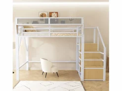 Outlet ModernLuxe Cama altillo 140×200 cm - con escalera - almacenamiento modular - metal - (sin colchón) Blanco