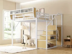 Outlet ModernLuxe Cama altillo 140×200 cm - con escalera - almacenamiento modular - metal - (sin colchón) Blanco
