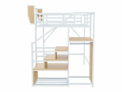Outlet ModernLuxe Cama altillo 140×200 cm - con escalera - almacenamiento modular - metal - (sin colchón) Blanco