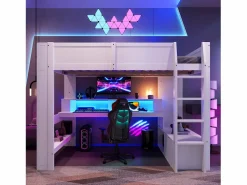ModernLuxe Cama altillo 140×200 cm - con escritorio - con iluminación LED - con 1 cajón - con estante - (sin colchón)