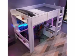 ModernLuxe Cama altillo 140×200 cm - con escritorio - con iluminación LED - con 1 cajón - con estante - (sin colchón)