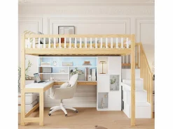 Sale ModernLuxe Cama altillo 140×200 cm - con iluminación LED - con escalera de almacenamiento - con estantes - con escritorio - Blanco + Natural (colchón no incluido) Color natural claro / Blanco