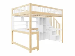 Sale ModernLuxe Cama altillo 140×200 cm - con iluminación LED - con escalera de almacenamiento - con estantes - con escritorio - Blanco + Natural (colchón no incluido) Color natural claro / Blanco