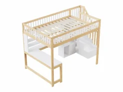 Sale ModernLuxe Cama altillo 140×200 cm - con iluminación LED - con escalera de almacenamiento - con estantes - con escritorio - Blanco + Natural (colchón no incluido) Color natural claro / Blanco