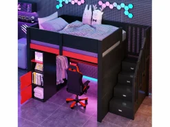 Cama altillo de madera 140x200cm con LED y puerto USB - Escritorio y armario - Escalera de almacenamiento - Negro + Rojo (sin colchón) Cama Alta|Cama Con Almacenaje