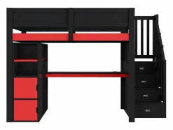 Cama altillo de madera 140x200cm con LED y puerto USB - Escritorio y armario - Escalera de almacenamiento - Negro + Rojo (sin colchón) Cama Alta|Cama Con Almacenaje