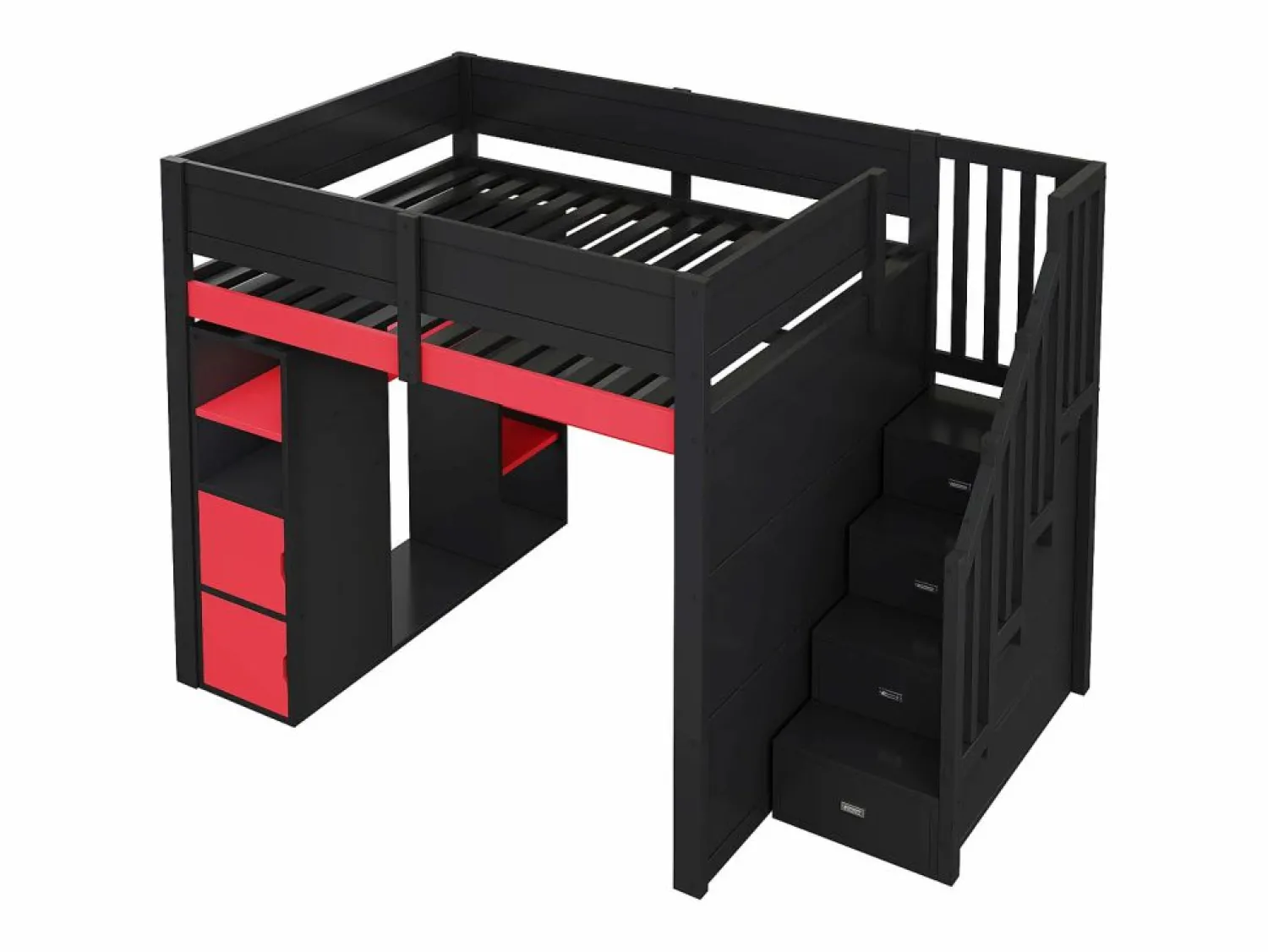 Cama altillo de madera 140x200cm con LED y puerto USB - Escritorio y armario - Escalera de almacenamiento - Negro + Rojo (sin colchón) Cama Alta|Cama Con Almacenaje