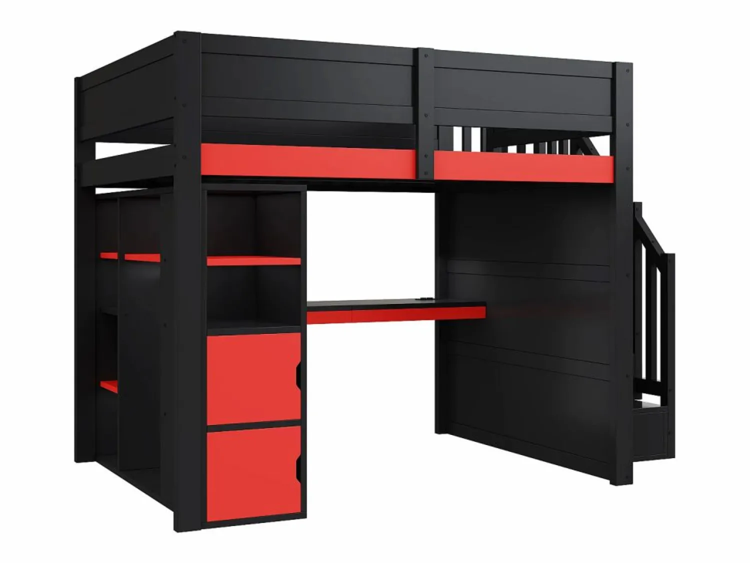 Cama altillo de madera 140x200cm con LED y puerto USB - Escritorio y armario - Escalera de almacenamiento - Negro + Rojo (sin colchón) Cama Alta|Cama Con Almacenaje