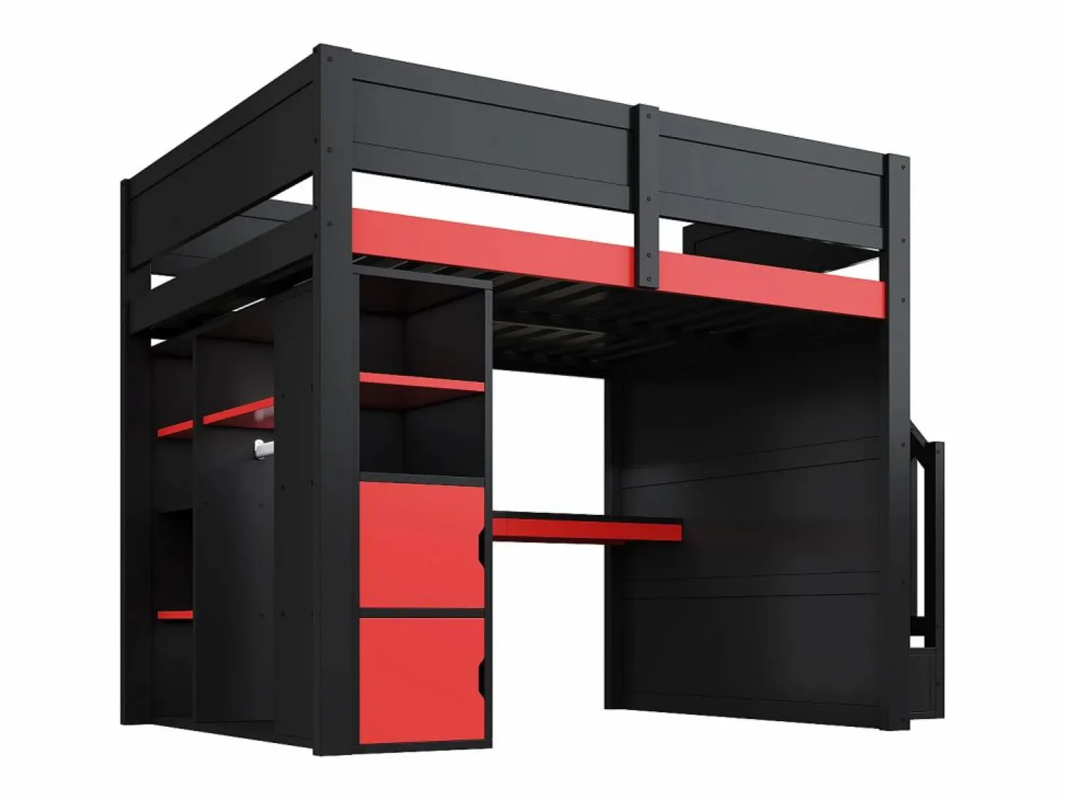 Cama altillo de madera 140x200cm con LED y puerto USB - Escritorio y armario - Escalera de almacenamiento - Negro + Rojo (sin colchón) Cama Alta|Cama Con Almacenaje