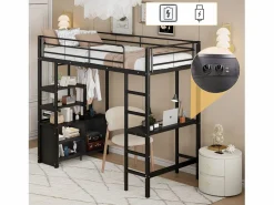 Online Cama altillo de metal 90x200 cm - con escritorio + tomas USB + barreras - Cama Alta