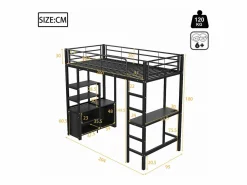 Online Cama altillo de metal 90x200 cm - con escritorio + tomas USB + barreras - Cama Alta
