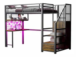 ModernLuxe Cama altillo de metal 90x200 cm - con iluminación LED y toma de carga - incluye escalera de almacenamiento - con estantes y escritorio -