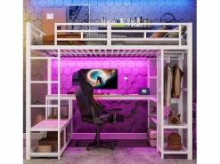 Hot ModernLuxe Cama altillo de metal 140x200 cm - con escritorio y estantes - con perchero abierto - Puerto USB e iluminación LED - ​ (sin colchón) Blanco