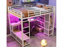Hot ModernLuxe Cama altillo de metal 140x200 cm - con escritorio y estantes - con perchero abierto - Puerto USB e iluminación LED - ​ (sin colchón) Blanco