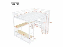 Hot ModernLuxe Cama altillo de metal 140x200 cm - con escritorio y estantes - con perchero abierto - Puerto USB e iluminación LED - ​ (sin colchón) Blanco