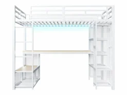 Hot ModernLuxe Cama altillo de metal 140x200 cm - con escritorio y estantes - con perchero abierto - Puerto USB e iluminación LED - ​ (sin colchón) Blanco