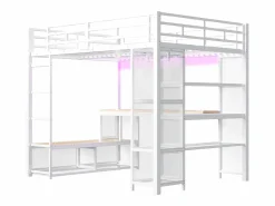Hot ModernLuxe Cama altillo de metal 140x200 cm - con escritorio y estantes - con perchero abierto - Puerto USB e iluminación LED - ​ (sin colchón) Blanco