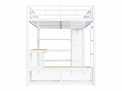 Hot ModernLuxe Cama altillo de metal 140x200 cm - con escritorio y estantes - con perchero abierto - Puerto USB e iluminación LED - ​ (sin colchón) Blanco