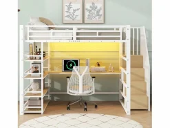 Clearance Cama altillo de metal 140x200cm - con escritorio y compartimentos de almacenamiento - con luz LED y puerto USB - MDF - ​ (colchón no incluido) Cama Alta|Cama Infantil