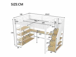Clearance Cama altillo de metal 140x200cm - con escritorio y compartimentos de almacenamiento - con luz LED y puerto USB - MDF - ​ (colchón no incluido) Cama Alta|Cama Infantil