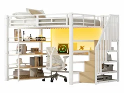 Clearance Cama altillo de metal 140x200cm - con escritorio y compartimentos de almacenamiento - con luz LED y puerto USB - MDF - ​ (colchón no incluido) Cama Alta|Cama Infantil