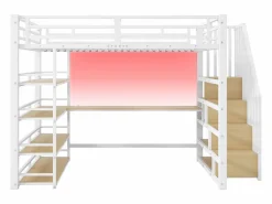 Clearance Cama altillo de metal 140x200cm - con escritorio y compartimentos de almacenamiento - con luz LED y puerto USB - MDF - ​ (colchón no incluido) Cama Alta|Cama Infantil
