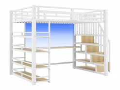Clearance Cama altillo de metal 140x200cm - con escritorio y compartimentos de almacenamiento - con luz LED y puerto USB - MDF - ​ (colchón no incluido) Cama Alta|Cama Infantil