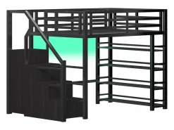 ModernLuxe Cama altillo de metal 140x200cm - con LED - escalera de almacenamiento - con armario y estantes - ​ (sin colchón) Negro