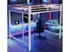 ModernLuxe Cama altillo de metal 160x200cm - con escritorio - con iluminación LED y puerto de carga USB - ​ (sin colchón)