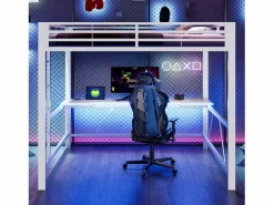 ModernLuxe Cama altillo de metal 160x200cm - con escritorio - con iluminación LED y puerto de carga USB - ​ (sin colchón)