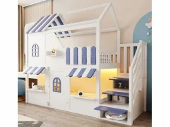 ModernLuxe Cama altillo infantil 90 x 200 cm - con escalera de almacenamiento - con luz LED - con 1 puerta - blanco + azul​ (colchón no incluido)