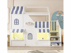 ModernLuxe Cama altillo infantil 90 x 200 cm - con escalera de almacenamiento - con luz LED - con 1 puerta - blanco + azul​ (colchón no incluido)