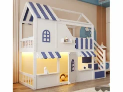 ModernLuxe Cama altillo infantil 90 x 200 cm - con escalera de almacenamiento - con luz LED - con 1 puerta - blanco + azul​ (colchón no incluido)