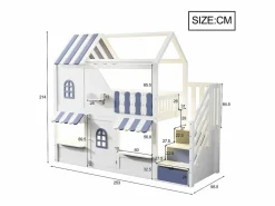 ModernLuxe Cama altillo infantil 90 x 200 cm - con escalera de almacenamiento - con luz LED - con 1 puerta - blanco + azul​ (colchón no incluido)