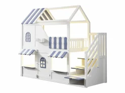 ModernLuxe Cama altillo infantil 90 x 200 cm - con escalera de almacenamiento - con luz LED - con 1 puerta - blanco + azul​ (colchón no incluido)