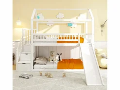 ModernLuxe Cama altillo infantil 90x200 cm - con tobogán y escalera de almacenaje - madera maciza - con somier de láminas -