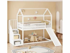ModernLuxe Cama altillo infantil 90x200 cm - con tobogán y escalera de almacenaje - madera maciza - con somier de láminas -