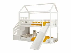 ModernLuxe Cama altillo infantil 90x200 cm - con tobogán y escalera de almacenaje - madera maciza - con somier de láminas -
