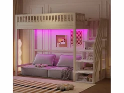 Best Cama altillo 90x200 cm - con escalera de seguridad - con barreras de seguridad - con iluminación LED - natural​ (colchón no incluido) Cama Alta